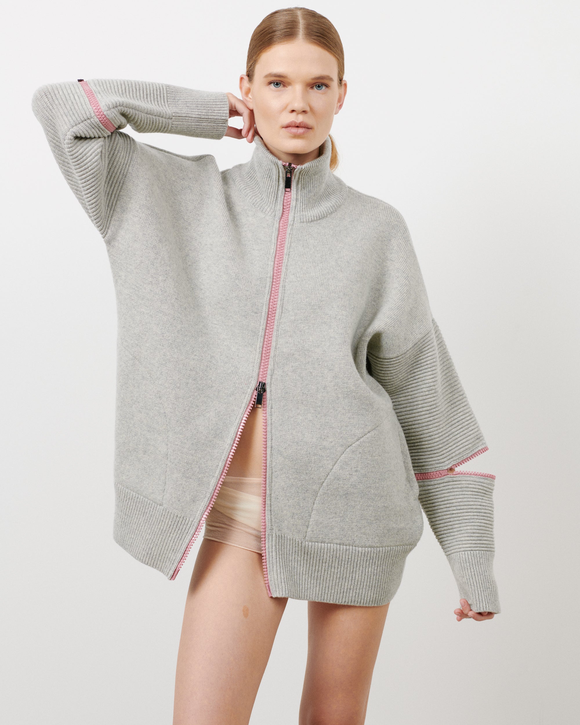 Grey oversized zip front clearance sweater