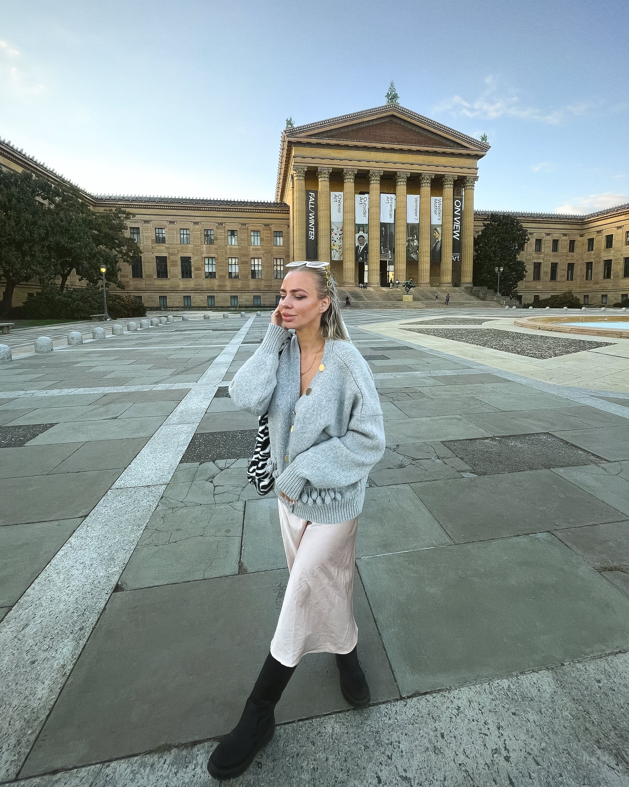 Warm light blue cardigan in the city by PNsisters